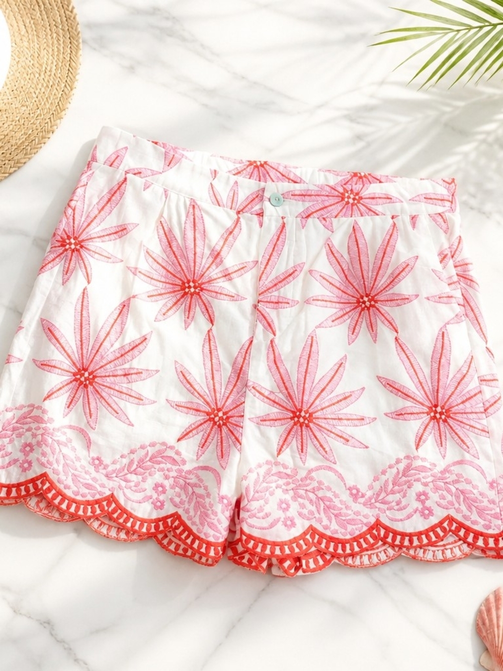 entro White Shorts with Pink & Coral Floral Embroidery